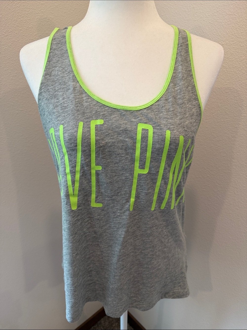 PINK Victoria's Secret Grey Tank with Neon Green Logo Trim Like New